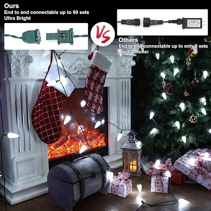 Brizled C9 Christmas Lights Cool White 16FT 25 LED 120V UL Certified Faceted Outdoor Christmas String Lights Connectable Xmas Tree Light for Tree, Holiday, House, Roof Decor