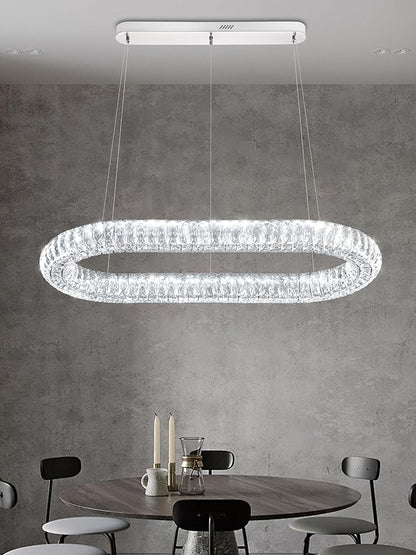 Crystal Ring Chandelier, 40'' Chrome Crystal Ring Pendant Light for Kitchen Island Modern Linear Oval Chandeliers for Dining Room Dimmable 3000K-6000K