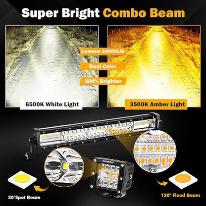 Auxbeam 22 Inch 120W LED Light Bar 2PCS 3 Inch 96W LED Pods, Amber White Fog Light 6 Modes Strobe Lights for Work Truck, Spot Flood Combo Off Road Driving Lights for Jeep ATV Utv Auto