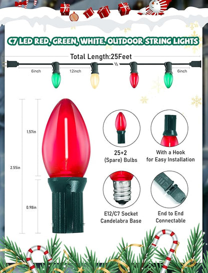 C7 LED Christmas Lights, 25Ft Vintage C7 Christmas Lights with 27 LED Clear Red Green White Bulbs, Hanging Connectable Xmas String Lights for Patio Garden Holiday Home Xmas Decor