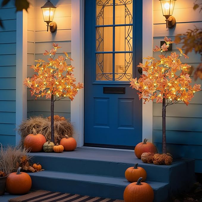LIGHTSHARE 2PCS 4FT 144LED(72LED Each) Artificial Lighted Maple Tree Warm White Halloween Fall Decorations Indoor Outdoor, Orange