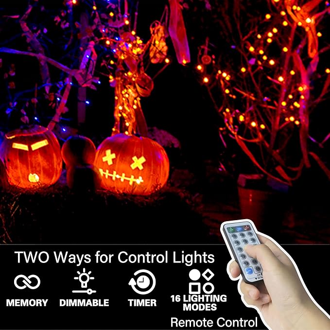 LAMPHOME 33ft Halloween Decorative Mini Lights, 100 LED Transparent Wire Fairy Starry String Lights Plug in, 16 Lighting Modes, for Halloween Decoration Outdoor Party Decoration (Orange and Purple)