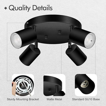 4 Light Track Lighting Fixtures Ceiling, Matte Black Round Directional Ceiling Spotlight, GU10 Flush Mount Track Fixture, Adjustable Modern LED Track Lights for Kitchen/Living Room, Bulb Not Included