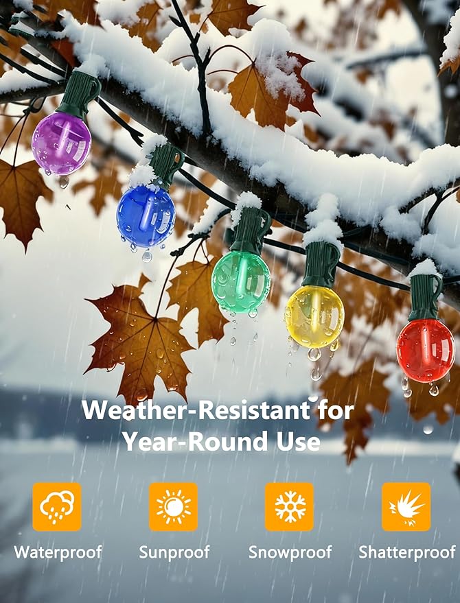 50Ft G40 Multicolor Christmas Lights Outdoor, Outdoor Christmas String Lights with 27 G40 LED Globe Colored Bulbs, Hanging Patio String Lights for Outside Xmas Tree Backyard Porch Party Roofline