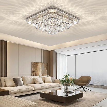 COCOSTAR 24 inch Crystal Flush Mount Chandelier Remote/APP, Modern Raindrop LED Ceiling Light, 3CCT Dimmable & Brightness Adjustable,Elegant Chandeliers for Bedroom Hallway Dinning Room Living Room