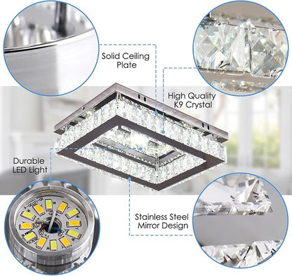 Dimmable Crystal LED Flush Mount Ceiling Light, 11.8"×9.1" Rectangular Close to Ceiling Chandelier, K9 Crystal & Stainless Steel, Remote & App Control, 3000–6500K CCT for Bedroom Living Room