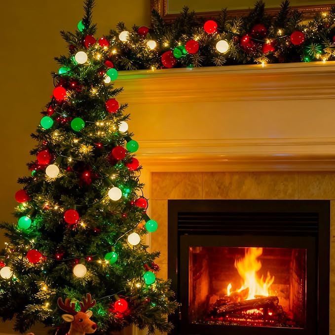 Round Christmas Lights Outdoor 13.5Ft G15 Red Green White Christmas Lights 50 LED Mini Globe String Light Indoor, Shatterproof Connectable & Plug in Xmas Light for Home Wreath Porch Patio Tree Decor