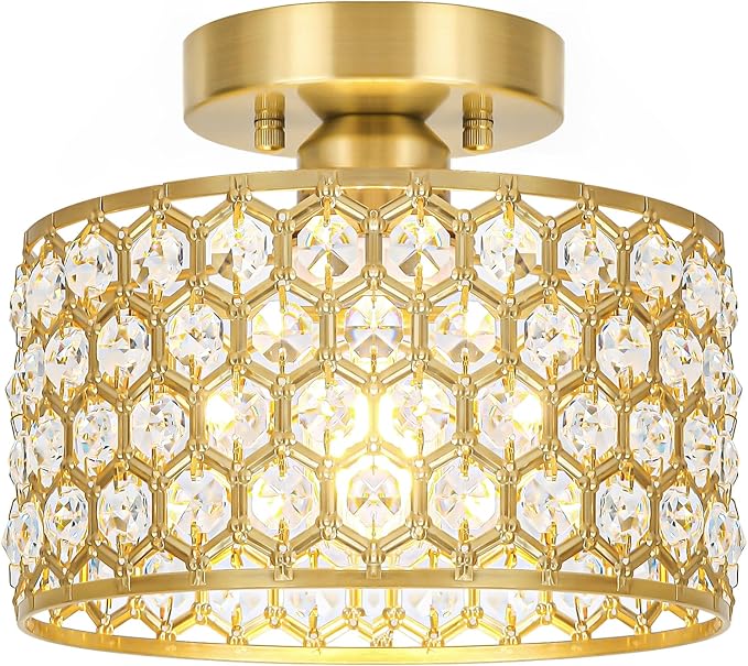 Lxybcce Gold Crystal Ceiling Light Fixture - Modern Semi Flush Mount Ceiling Chandelier Lighting for Hallway, Kitchen & Foyer | Dazzling Prism Chandelier with Easy Installation,1 Light, 9 in