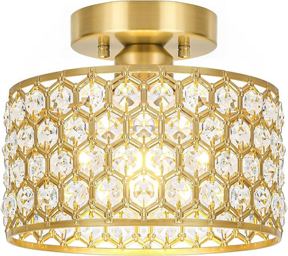 Lxybcce Gold Crystal Ceiling Light Fixture - Modern Semi Flush Mount Ceiling Chandelier Lighting for Hallway, Kitchen & Foyer | Dazzling Prism Chandelier with Easy Installation,1 Light, 9 in