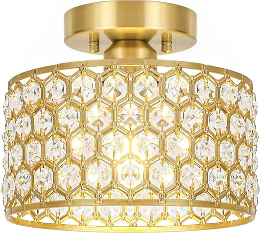 Lxybcce Gold Crystal Ceiling Light Fixture - Modern Semi Flush Mount Ceiling Chandelier Lighting for Hallway, Kitchen & Foyer | Dazzling Prism Chandelier with Easy Installation,1 Light, 9 in