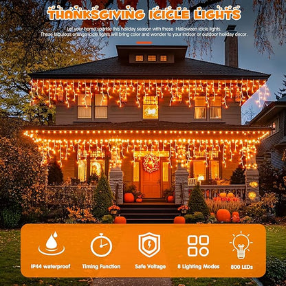 JMEXSUSS Orange Thanksgiving Lights Outdoor, 38.8 FT 400 LED Orange Icicle Lights Outdoor Waterproof, 8 Modes String Light Plug in for Fireplace Tree Garden Patio Thanksgiving Fall Halloween Decor