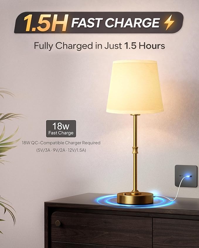 EppieBasic Cordless Table Lamp Rechargeable: Fast Charging & Long Lasting - 2700K Warm Light Small Vintage Gold Lamps - Dinning Living Room Bedroom - Beige Shade