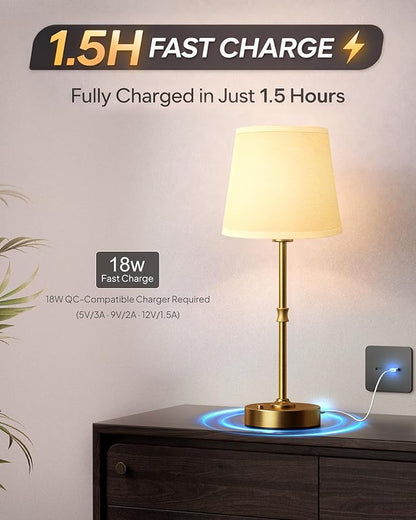 EppieBasic Cordless Table Lamp Rechargeable: Fast Charging & Long Lasting - 2700K Warm Light Small Vintage Gold Lamps - Dinning Living Room Bedroom - Beige Shade