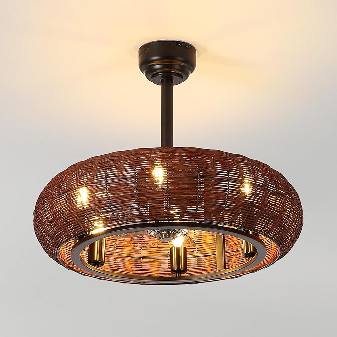 JONATHAN Y 23" Black 6-Light Modern Bohemian Ceiling Fan with Lights, 6-Speed Remote and App Control, Height Adjustable LED Lantern with Dark Brown Rattan Shade for Living Room JYL9728A