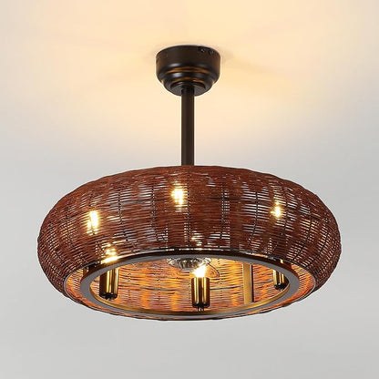 JONATHAN Y 23" Black 6-Light Modern Bohemian Ceiling Fan with Lights, 6-Speed Remote and App Control, Height Adjustable LED Lantern with Dark Brown Rattan Shade for Living Room JYL9728A