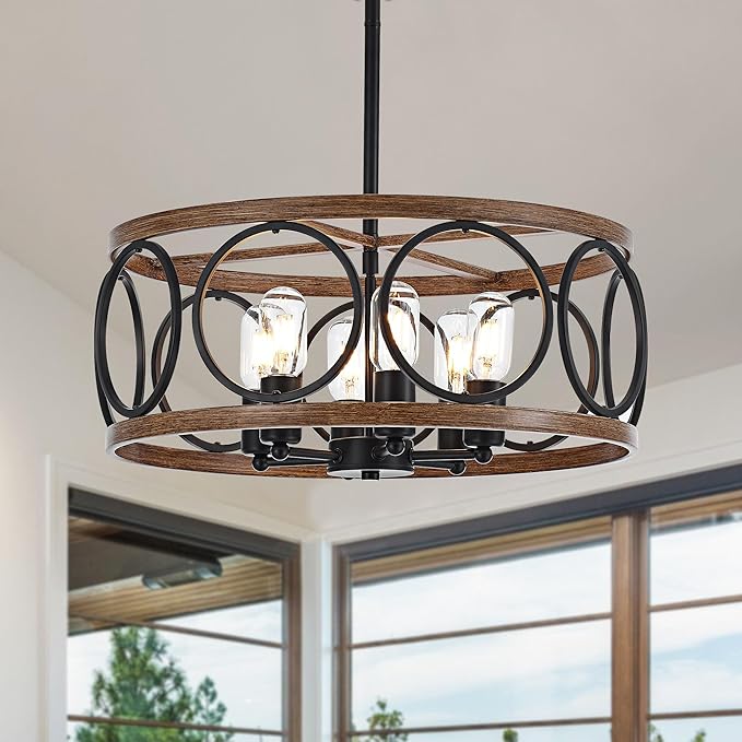 6-Light Farmhouse Drum Pendant Light,19.7'' Nature Wood Texture Vintage Rustic Chandeliers Black Metal Industrial Hanging Light Fixtures for Entryway, Bedroom Dining Room