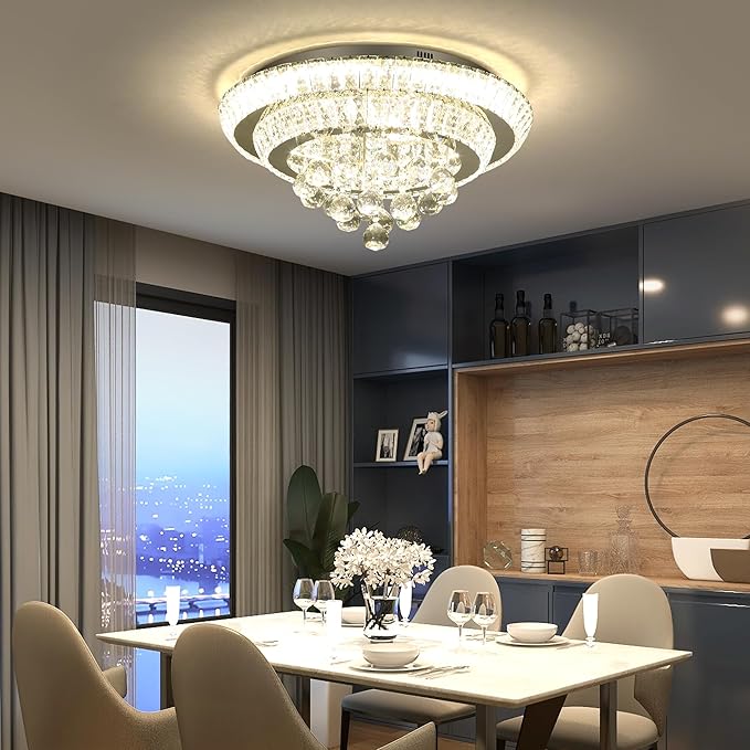 COCOSTAR 20" Crystal Chandeliers, Flush Mount Chandelier LED Ceiling Light, Modern Crystal Raindrop Chandeliers for Dining Room, Living Room, Bedroom