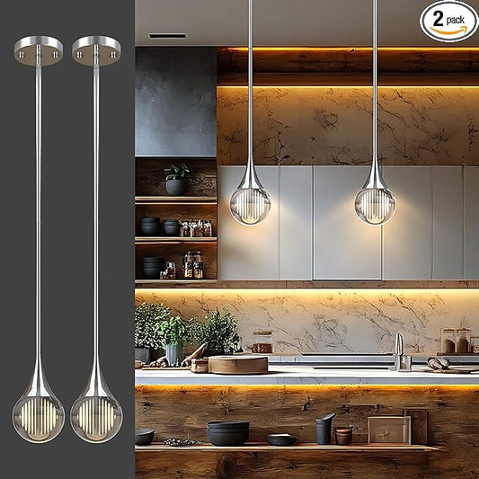 2-Pendant Lights Kitchen Island, Chrome Silver Globe Crystal Ceiling Hanging Light Fxitures, LED Light Fixtures Metal Rod Ceiling Glass Pendant Lighting for Kitchen Island Dining Room Bar