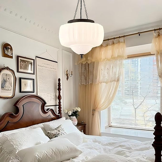 LIGHTLAND Milk Glass Pendant Light, 13 Inch Mid Century Semi Flush Mount Ceiling Light Fixture with 39.4 Inch Adjustable Chain, Vintage Chandelier for Bedroom, Living Room, Dining Room, Hallway