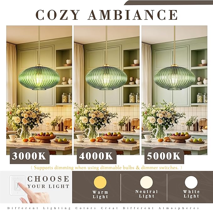 12" Green Glass Modern Pendant Light Kitchen Island 2 Pack Brushed Gold Mid Century Modern Pendant Lighting with Clear Green Glass Hanging Pendant Light for Dining Room（Bulb Incl.）