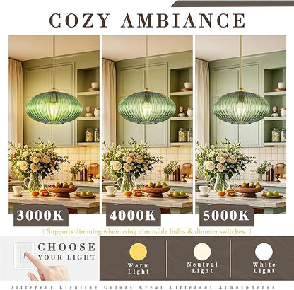 12" Green Glass Modern Pendant Light Kitchen Island 2 Pack Brushed Gold Mid Century Modern Pendant Lighting with Clear Green Glass Hanging Pendant Light for Dining Room（Bulb Incl.）