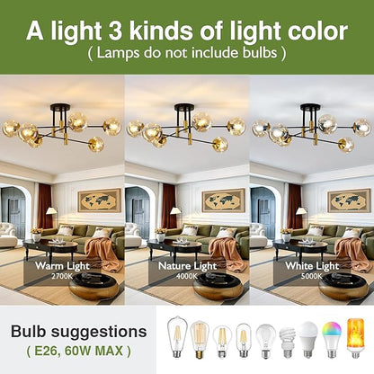6-Lights Sputnik Ceiling Light Fixture Mid Century Modern Glass Globe Flush Mount Chandelier Black and Gold Farmhouse Lighting for Living Room Dining Room Bedroom Kitchen