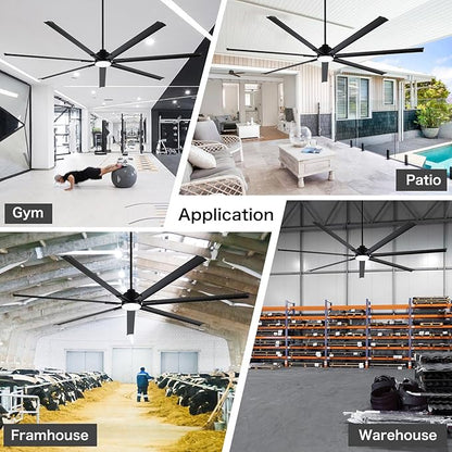Minislak 96" Industrial & Commercial HVLS 7 Black Aluminum Blades Ceiling Fan with Light and Compatible Alexa,High CFM Brushless Motor,6-Speed,Indoor Outdoor Ceiling Fan for Patio,Garage,Shop,Library