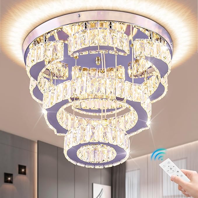 15.7" Modern Crystal Chandelier with Remote 2 Rings Round Flush Mount Ceiling Light Flower LED Dimmable Chandeliers for Bedroom Living Room Dining Room Dimmable