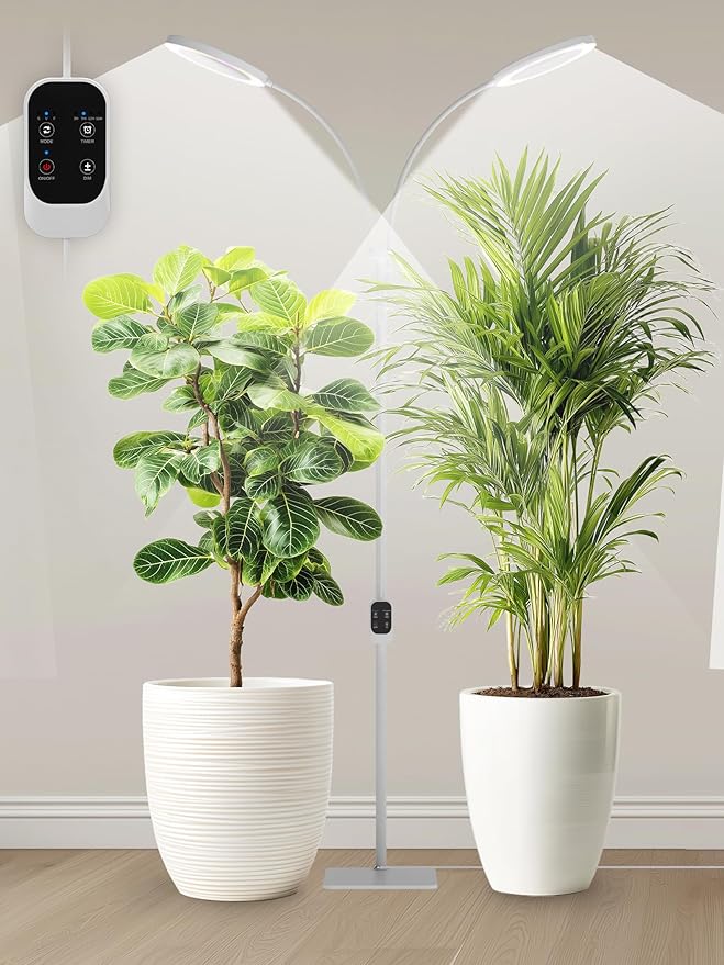 GLOWRIUM Grow Lights for Indoor Plants, Full Spectrum LED Grow Light, Stepless Dimming,3 Lighting Mode and Adjustable Height, Plant Light with 3/9/12/16H Timer (White, Dual Heads)