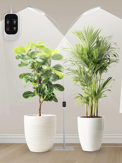 GLOWRIUM Grow Lights for Indoor Plants, Full Spectrum LED Grow Light, Stepless Dimming,3 Lighting Mode and Adjustable Height, Plant Light with 3/9/12/16H Timer (White, Dual Heads)