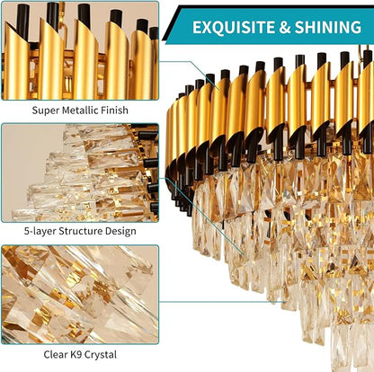 Depuley Modern Gold Crystal Chandelier: 24" 5-Tier K9 Crystal Hanging Light 9-Light Flush Mount Chandelier for Living Room Dining Room Entryway Bedroom Included Bulbs