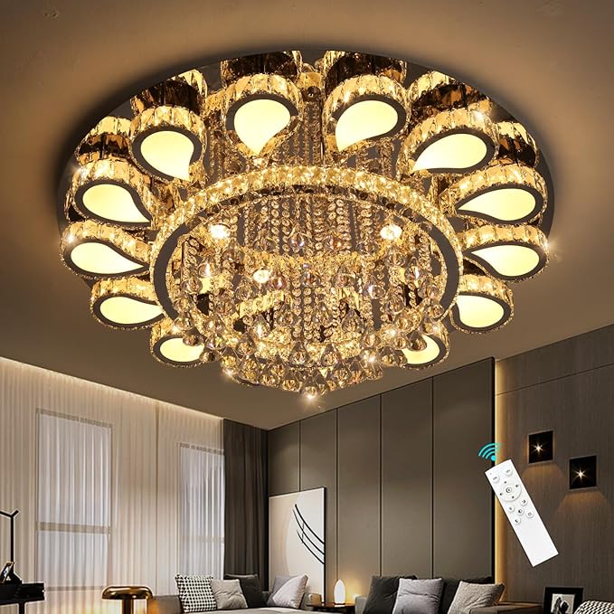 HAIXIANG Glam Crystal Chandelier for Living Room Dining Room Lights Sloped Ceiling Light Fixtures Luxury Modern Remote Dimmbale Lighting Silver 40 Inches