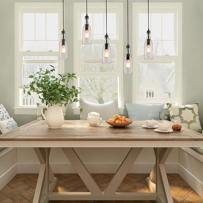 LNC Glass Pendent Lighting for Kitchen Island, Modern Farmhouse Glass Hanging Fixtures for Dining Room, 5” x 5” x 11.2”, 1-Light