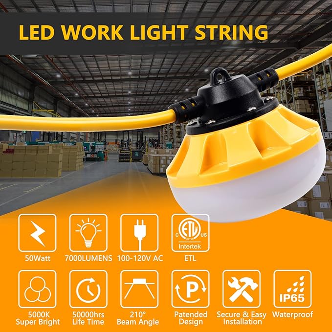 50FT Construction String Lights LED Industrial Grade Best for Construction Sites, Renovation, Walkways,Patio，Mine cave, Outdoor, and Other Outdoor Lighting Solutions Use,Free for Climbing Hook