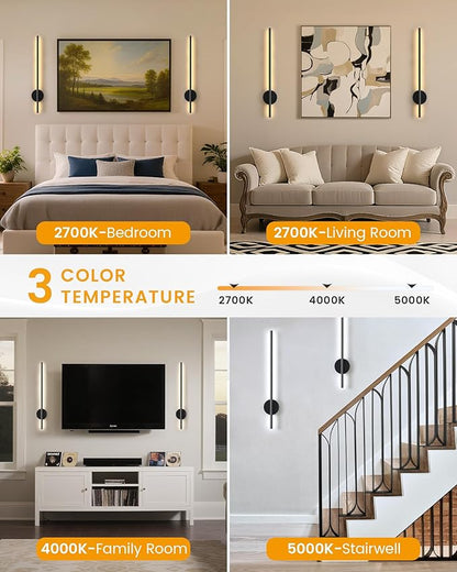 NIORSUN 27.6 Inch Battery Operated Wall Sconce Set of 2, Black Minimalism Rechargeable Wall Lights with Remote, 3CCT Dimmable Wireless Wall Lamp for Living Room Bedroom Hallway