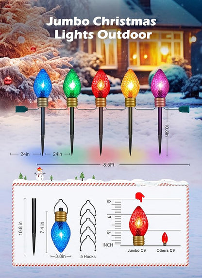 Strawberry Jumbo C9 Christmas Pathway Lights Outdoor - 8.5 Feet 5 LED C9 Christma Lights,C7 Light Covered Jumbo Multicolor Christmas Light Outdoor Decorations for Lawn Holiday Outside Yard
