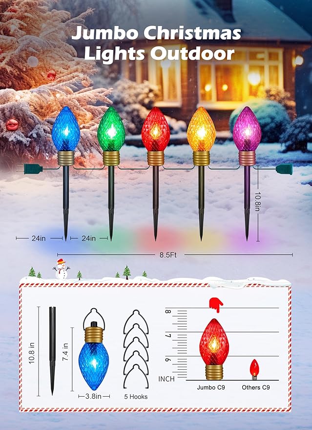Brightown Strawberry Jumbo C9 Christmas Pathway Lights Outdoor,Christmas Outside Decoration Lawn,8.5Ft 5 LED String Lights Covered Jumbo Multicolored Walkway Light Bulb for Holiday Outside Yard Decor