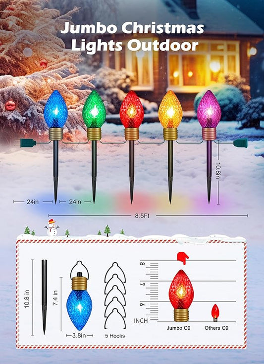 Brightown Strawberry Jumbo C9 Christmas Pathway Lights Outdoor,Christmas Outside Decoration Lawn,8.5Ft 5 LED String Lights Covered Jumbo Multicolored Walkway Light Bulb for Holiday Outside Yard Decor