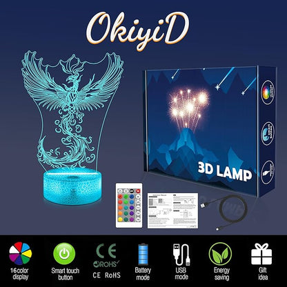 OkiyiD Phoenix Decor Gifts for Girl Women, Phoenix Night Light 3D Illusion Lamp with 16 Colors Remote Control, Phoenix Rising for Bedroom Decor Birthday Xmas Gifts