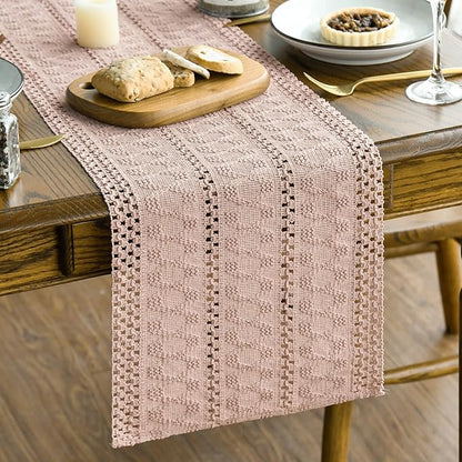 Artoid Mode Pink Farmhouse Woven Rustic Hollow Table Runner, Seasonal Holiday Hollow Kitchen Dining Table Decoration for Home Party Decor 12x120 Inch