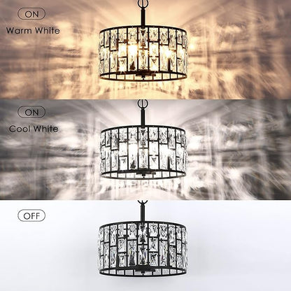 MEXO Farmhouse Crystal Convertible Chandelier and Semi Flush Mount Lighting Black Cylinder Drum Shade Pendant for Kitchen Island Dining Room Bedroom Hallway