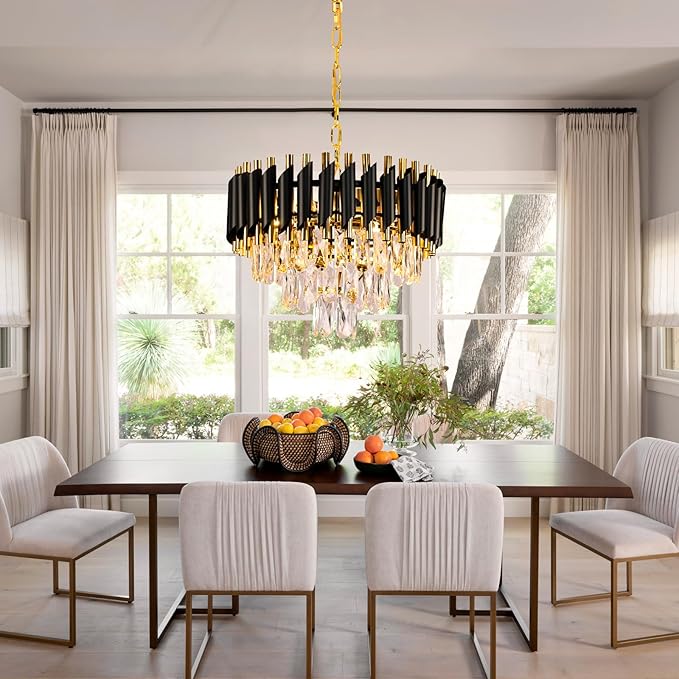 FRIXCHUR Modern Crystal Chandeliers 16" Black and Gold Chandelier Round Crystal Pendant Light 3-Tier Modern Chandeliers for Dining Room Living Room Bedroom Foyer