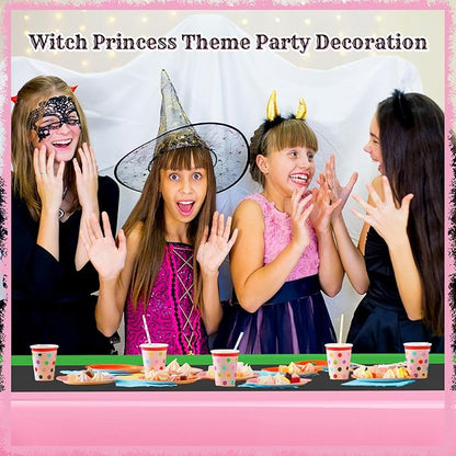 Oudain 2 Pcs Witch Princess Theme Party Pink & Green & Black Party Tablecloth 54 x 108 Inch Plastic Rectangle Tablecloth Waterproof Table Cover for Witch Princess Theme Birthday Decoration
