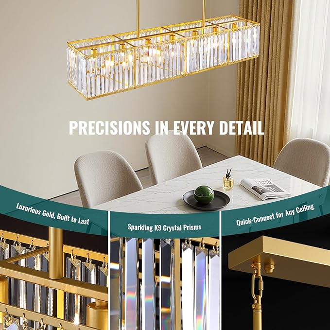 Siljoy Gold Crystal Chandelier for Dining Room, 7-Light Modern Rectangular K9 Crystal Raindrop Chandelier Pendant Ceiling Light Fixture for Living Room Kitchen Island, L47'' x W8.6'' x H8.6''