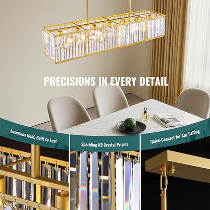 Siljoy Gold Crystal Chandelier for Dining Room, 7-Light Modern Rectangular K9 Crystal Raindrop Chandelier Pendant Ceiling Light Fixture for Living Room Kitchen Island, L47'' x W8.6'' x H8.6''