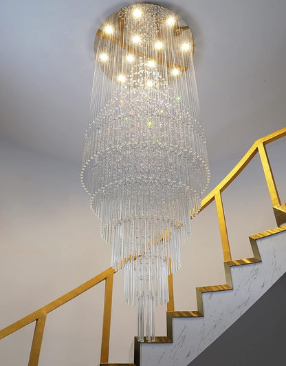 HAIXIANG W32 x H100 Glam Chandelier with LED Bulbs Crystal Raindrop High Ceiling Pendant Light for Entrance Large Villa Chandelier Foyer Lighting Fixtures Silver