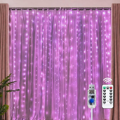 Brightown 300 LED Pink Fairy Curtain Lights, 9.8ft x 9.8ft String Lights, USB Plug in 8 Lighting Modes Christmas String Hanging Lights with Remote for Bedroom Indoor Outdoor Party Xmas Pink 1 Pack