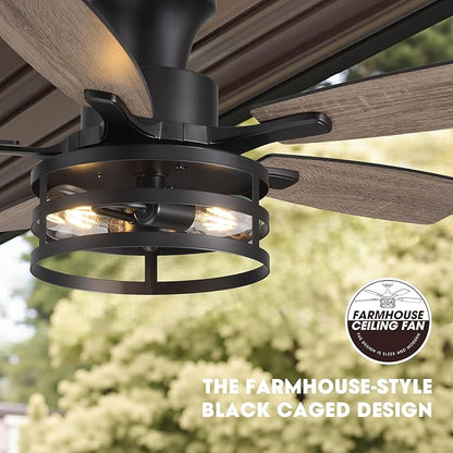 42 Inch Flush Mount Ceiling Fans with Lights and Remote Control, Farmhouse Ceiling Fan with LED Lighting for Bedroom Living Room and Patio, Black Caged Ceiling Fan for Indoor and Outdoor(NO Bulbs)