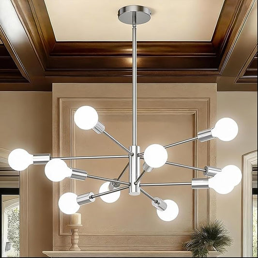 Sputnik Chandelier 10-Light, Mid Century Modern Height Adjustable Ceiling Light Fixture for Dining Room, Kitchen Island, Living Room,Bedroom, Brushed Nickel