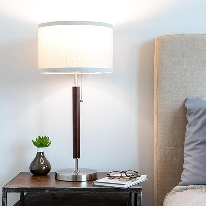 Brightech Carter LED Bedside Lamp - Compact Table & Desk Reading Lamp for Bedroom, Living Room, Office - Modern Nightstand & Side Lamp with Soft Ambient Light - Stainless Steel & Wood Finish